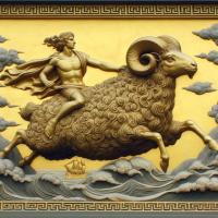 Young Phrixus flees on the back of the mythical ram with the golden fleece.
