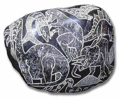 Ica stone depicting Dinosaurs: an Apatosaurus, a Tyrannosaurus eating a large fish, a Triceratops, a