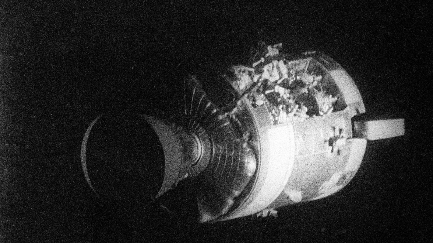 Original photo of the Apollo 13 Service Module devastated by the explosion.