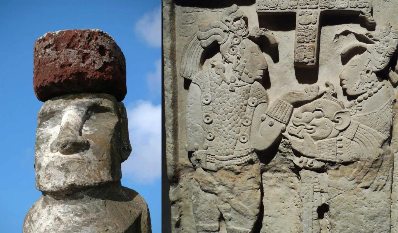 The Moai show a red headdress that actually reproduces the auburn hair of the Cro-Magnons, the bun a