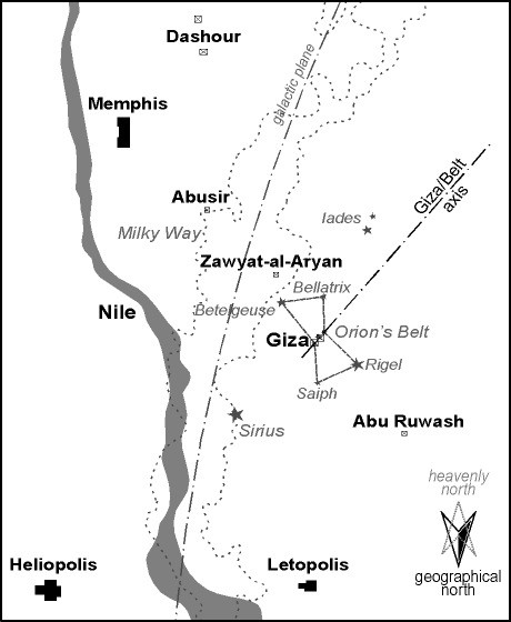 Fig. 3 - The heavenly region of Orion (age 12.000 a.C.) superposed upon the necropolis of Memphis