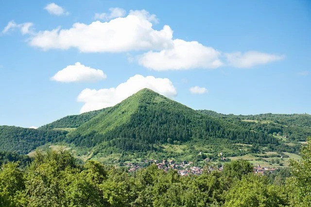 The profile of Visocica Hill, in Visoko, Bosnia. The unnatural shape and the discovery of a stone-co