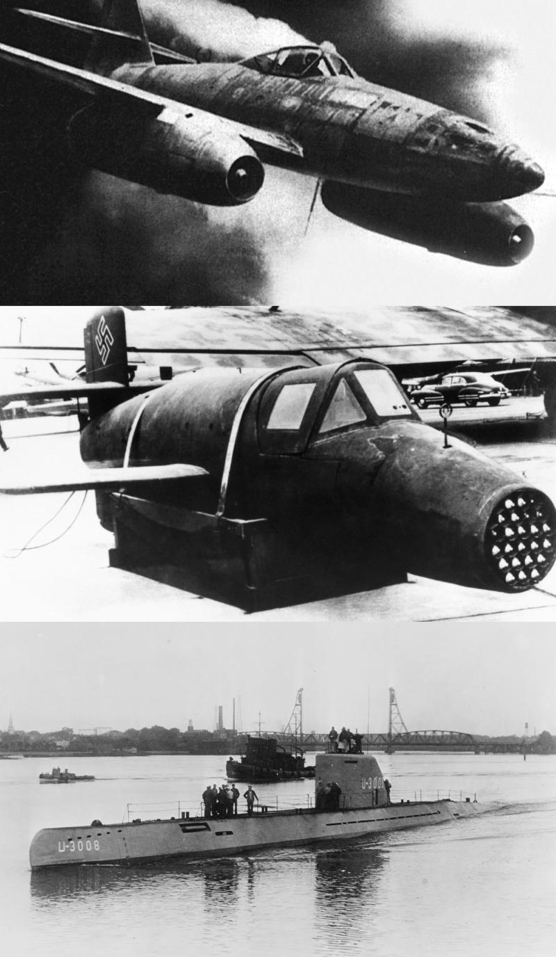 (from top to bottom) Revolutionary weapons of the Third Reich: the Me-262 Schwalbe, the first succes