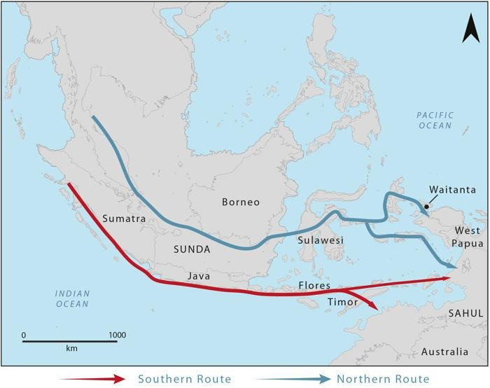 Ancient migration routes from Asia to the Pacific region.