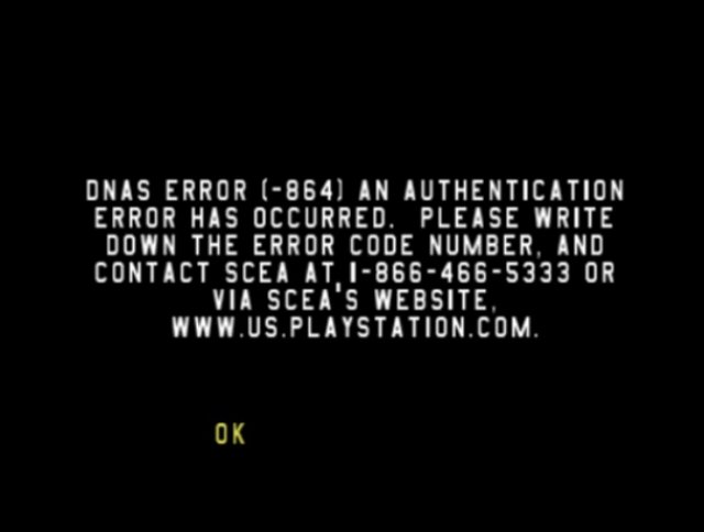 Playstation 2 DNAS Error (-864).