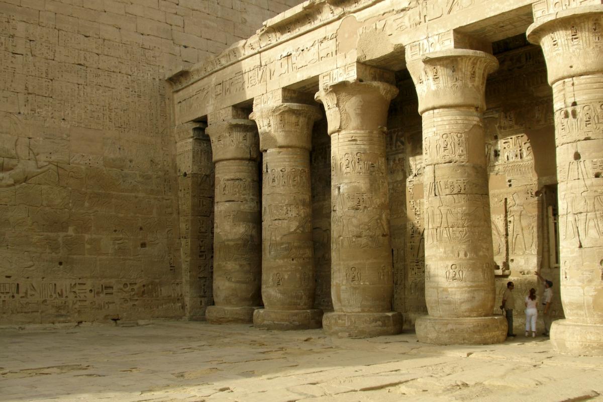 Columns from the Egyptian temple of Ramesses III at Luxor: although stockier, they feature a lotus b