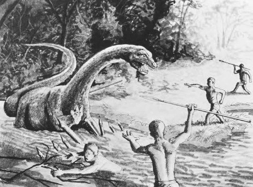 Imaginative depiction of a fight between men and Mokele-Mbembe.