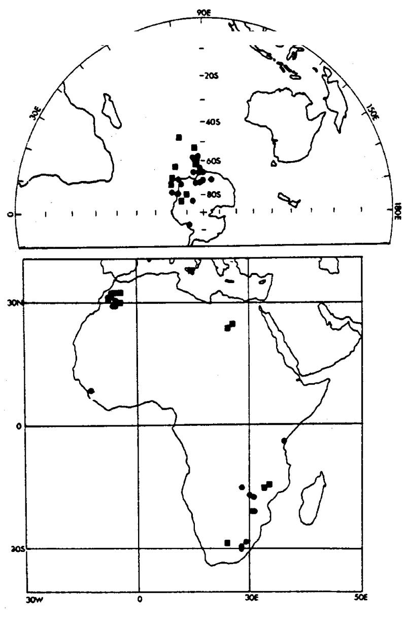 Figure 57 McElhinny & Brock's (1975) African Mesozoic site locations (lower figure) and palaeoma