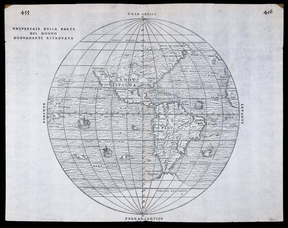 World map of the American continent made by G. Gastaldi in 1556. Antarctica and a series of very lar