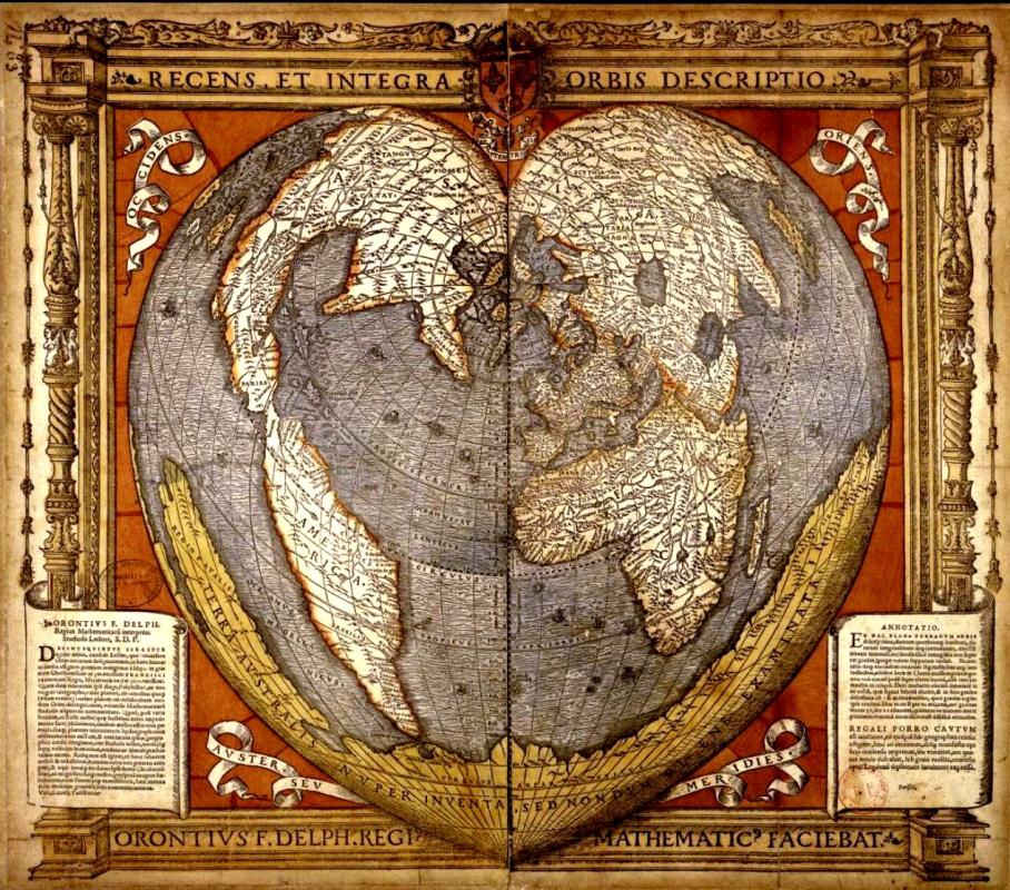 Heart-shaped globe drawn by Ortelius in 1564. The Southern Land is missing, but as in the Ptolemaic 