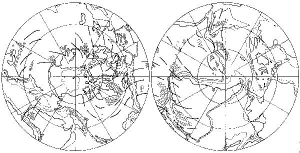 Figure 8 (Left) Dearnley’s (1965a) small Earth reconstruction at a palaeoradius of 4400 kilometres, 