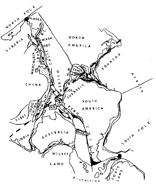 Figure 9 (Right) Shields’ (1976) small Earth reconstruction of continents bordering the Pacific Ocea