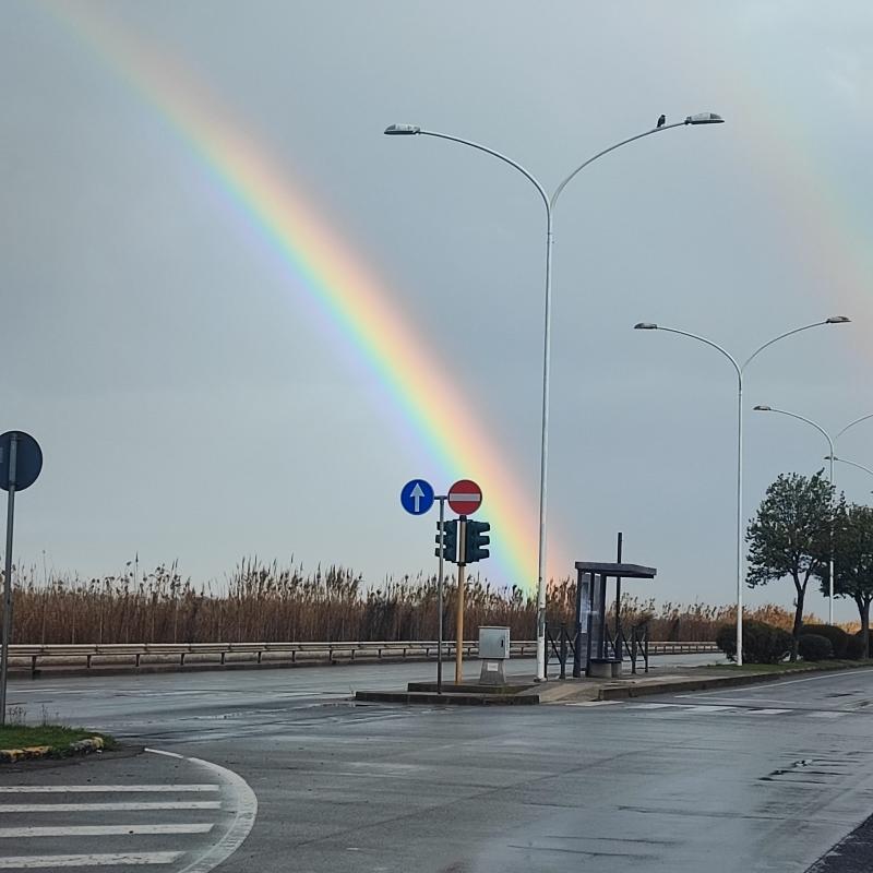 Breakfast with a full rainbow