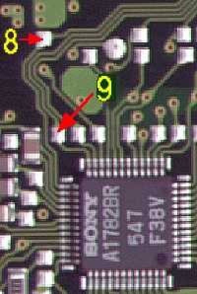 Close Up of connections for PSXPIC pins 8 and 9