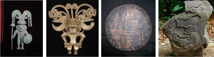 Moche, Tumbaga, Chavin, Olmeca representations; note the harpoon and the headdresses which highlight