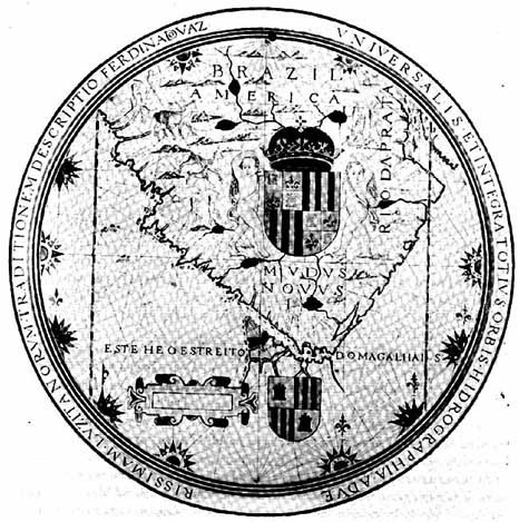 Baz-dourado's map dated 1571: it shows the Strait of Magellan, believed to exist not between islands