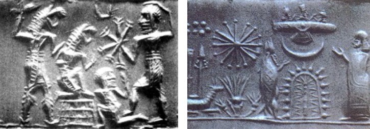 Above a person attacked by bird beings (2000-1600 BC) and a seal depicting Annunaki.