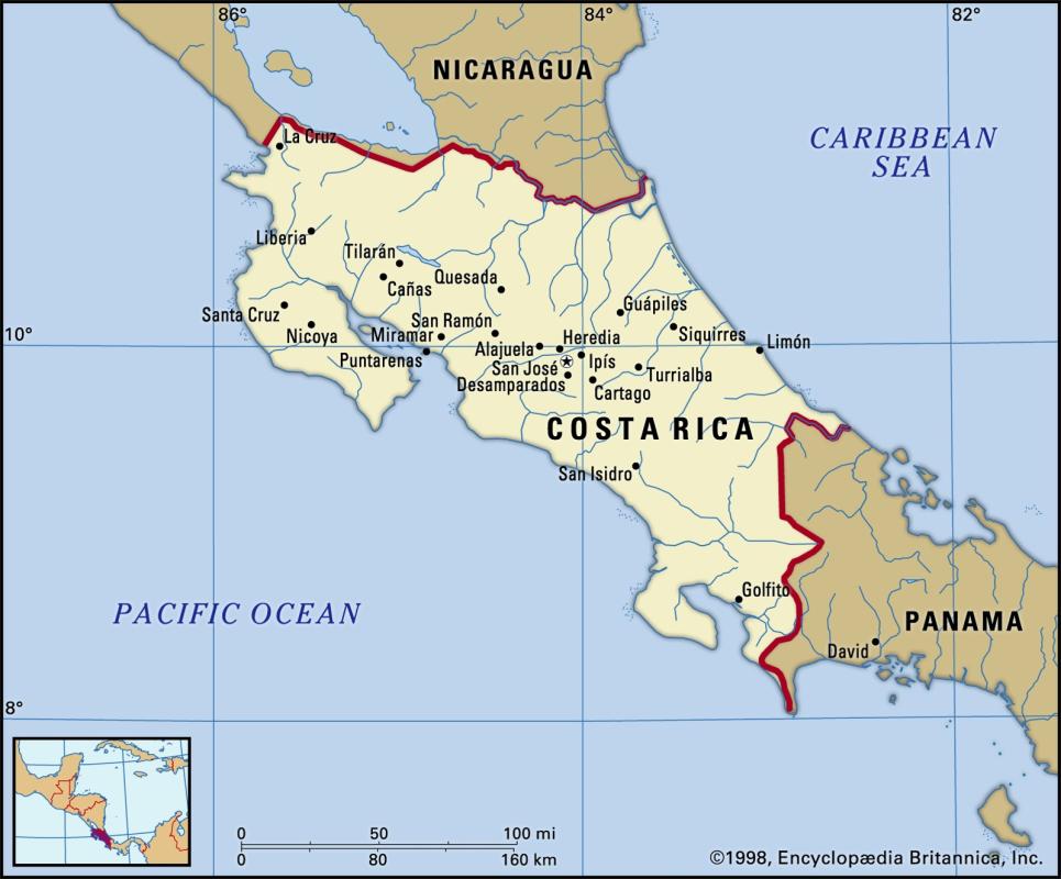 The map of Costa Rica. There are two places called Uvita, one on the Pacific coast and the other on 