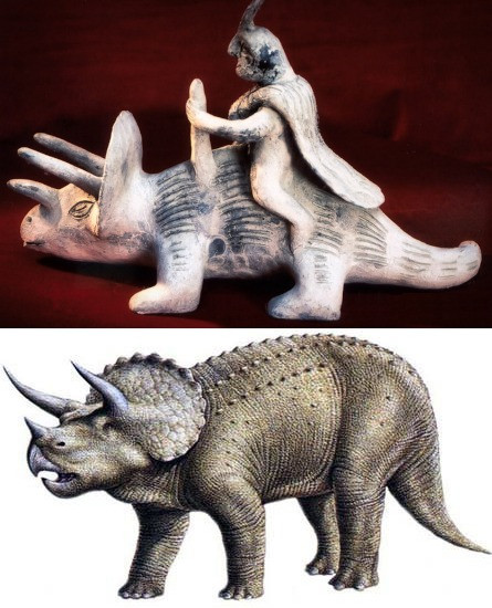 One of Acambaro's disconcerting figurines compared to the reconstruction of a Triceratops, which liv