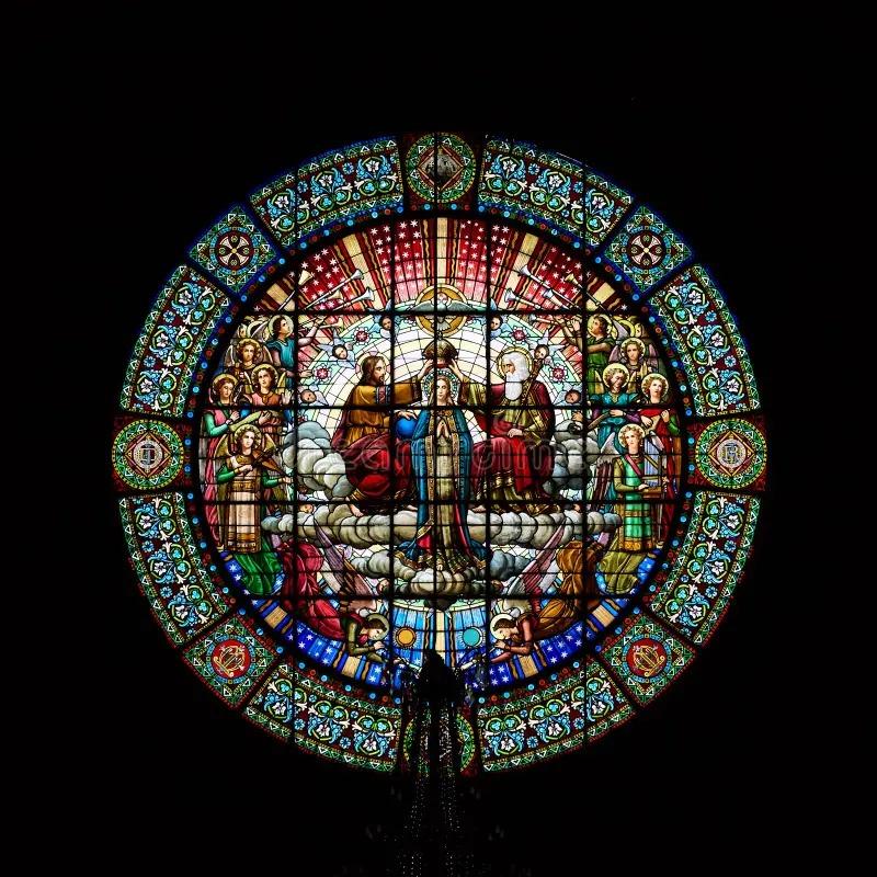 The Grail depicted on a stained glass window in the Sanctuary of the Black Madonna of Montserrat in 