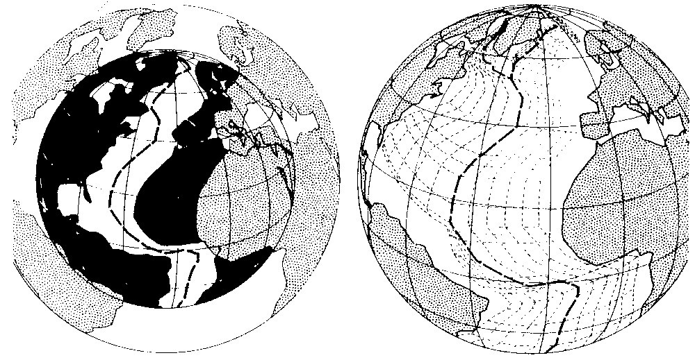 Figure 13 (Left) Perry’s computer reconstruction of the Earth, suggesting that continents move out r