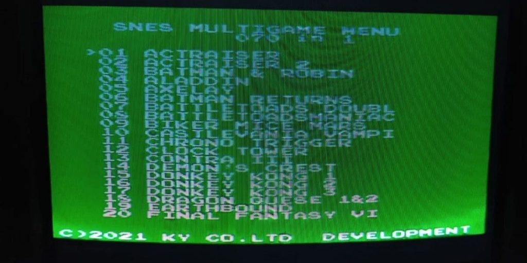 Menu of the 70 in 1 Super Nintendo Cartridge. It is possible to choose wich game to play from a libr