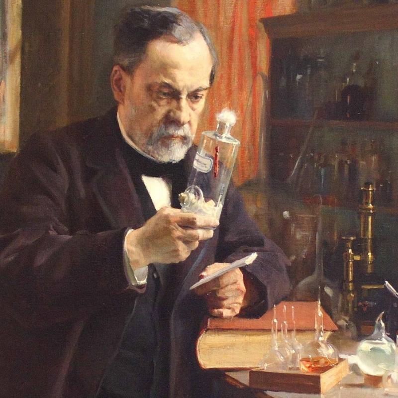 Louis Pasteur performing the experiment, with a bottle in his hand