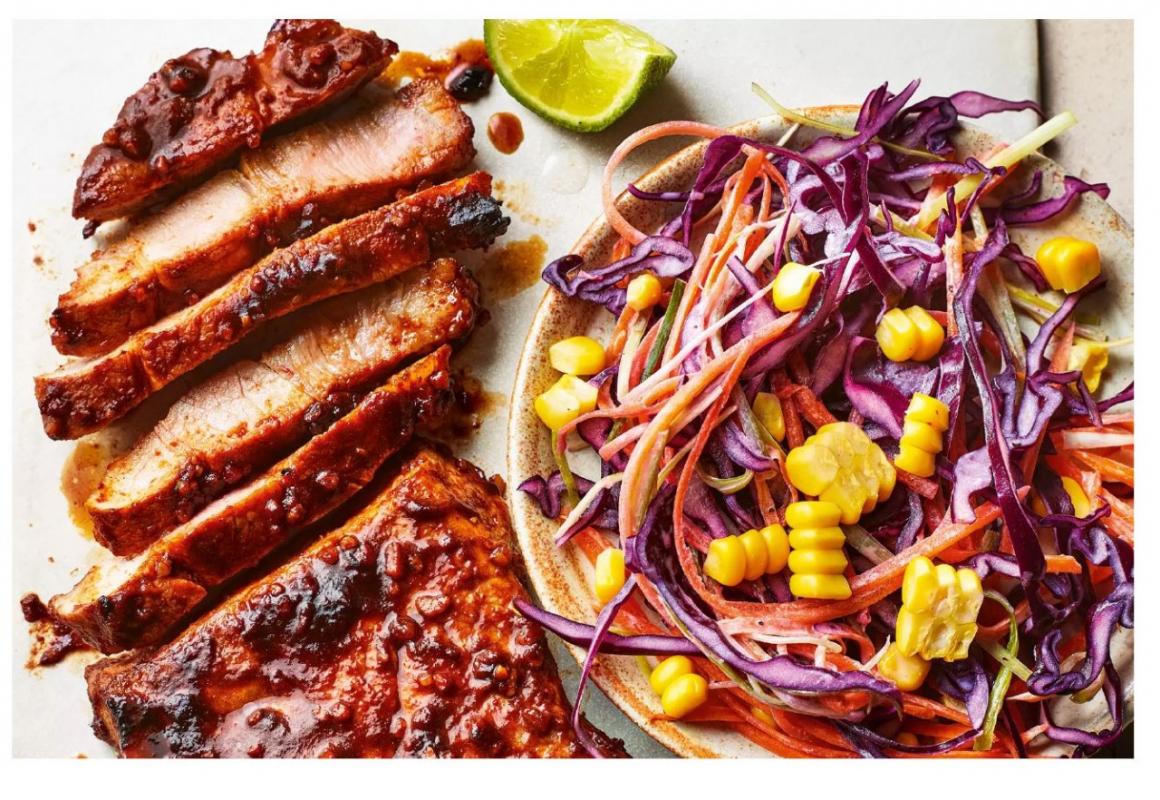 Glazed pork steaks with sweetcorn slaw