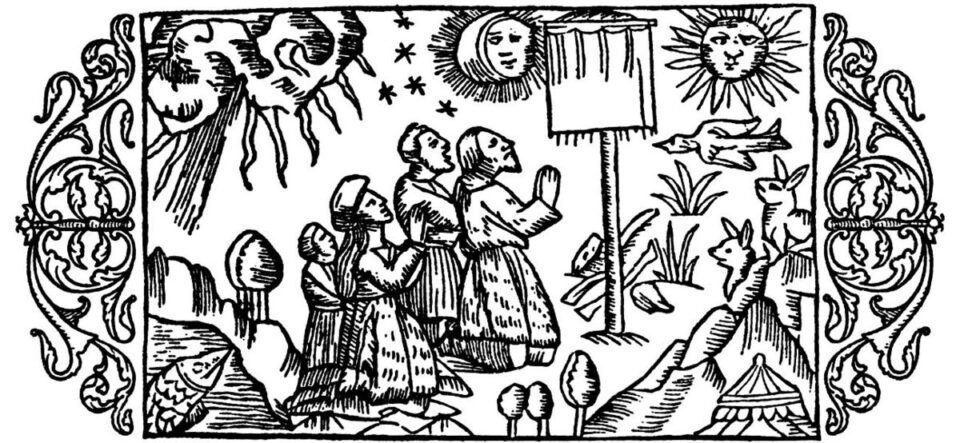 Figure from Olaus Magnus' History of the Northern Peoples (1555), showing the adoration, together wi