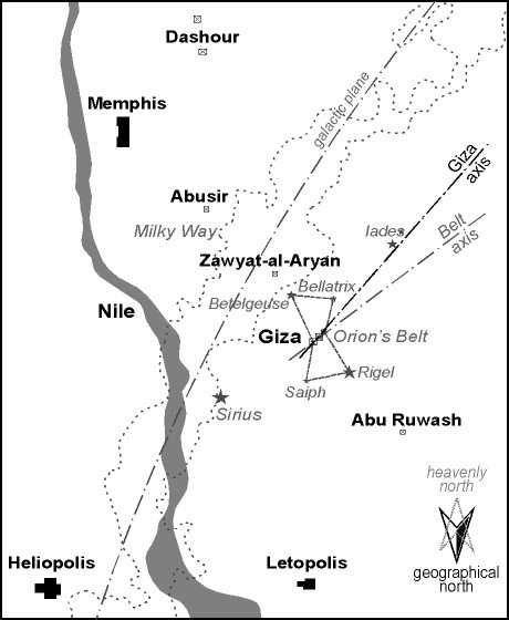 Fig. 2 - The heavenly region of Orion (age 10.500 a.C.) superposed upon the necropolis of Memphis