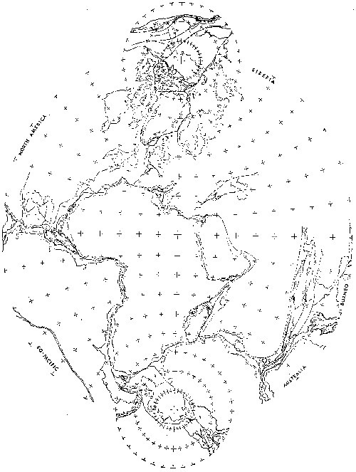 Figure 10 (Right) Owen’s (1976) small Earth reconstruction of the Pangaean hemisphere at 80% of the 