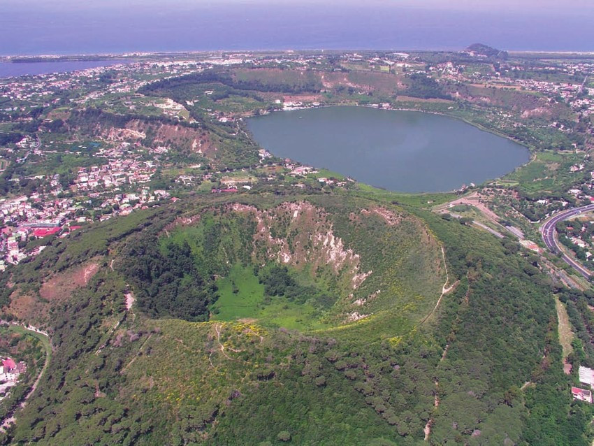 The crater of Monte Nuovo in the Campi Flegrei area, in Pozzuoli, Naples. Behind the volcano you can