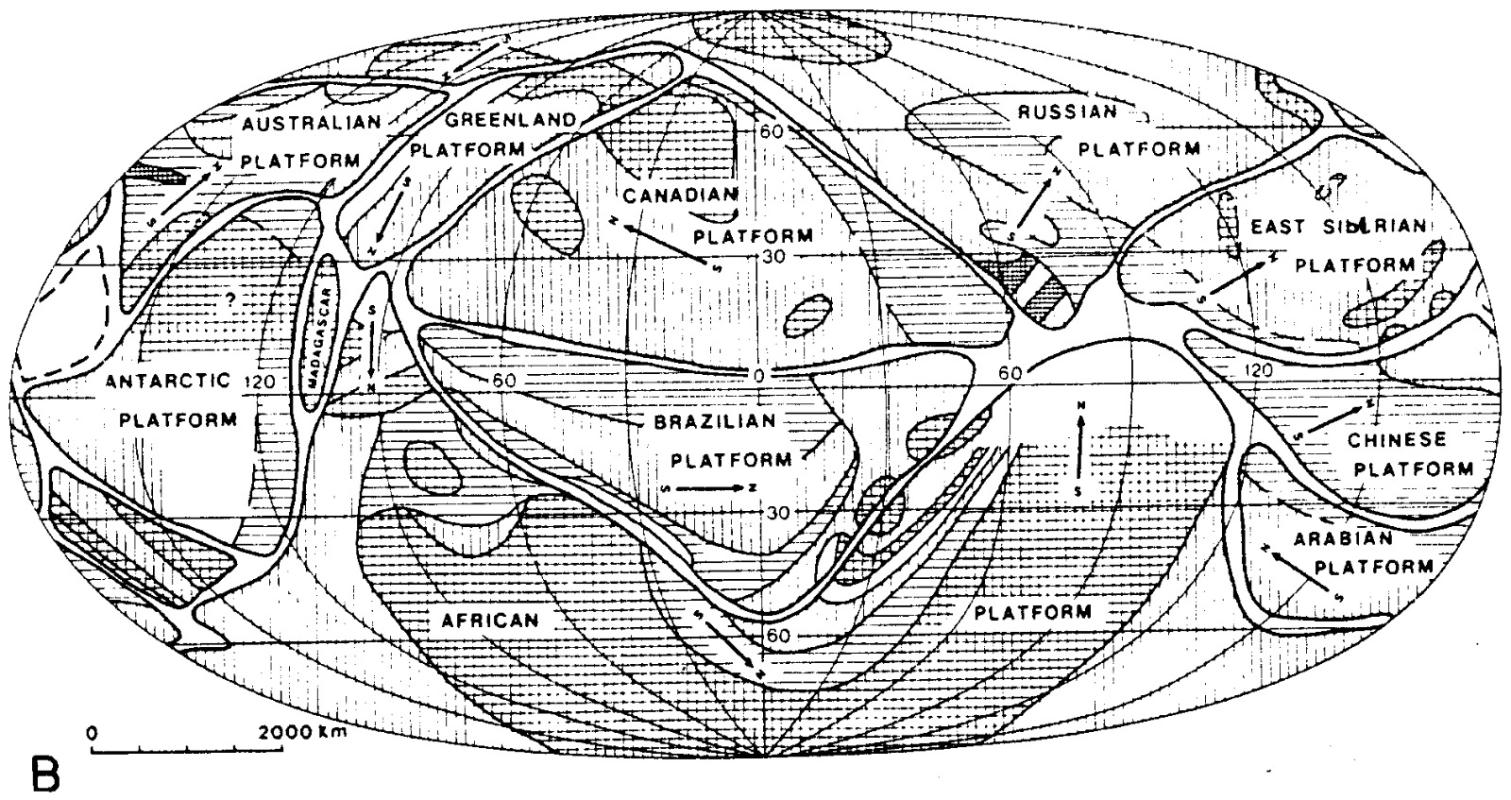 Figure 12 (Right) Neiman’s (1984) schematic small Earth tectonic reconstruction of the Earth for (A)