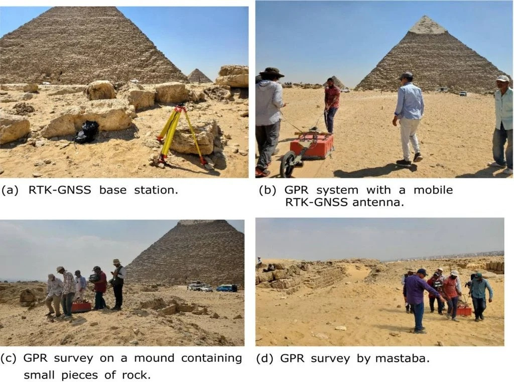 Photos of remote sensing research carried out in the Western Cemetery of Giza, Egypt.