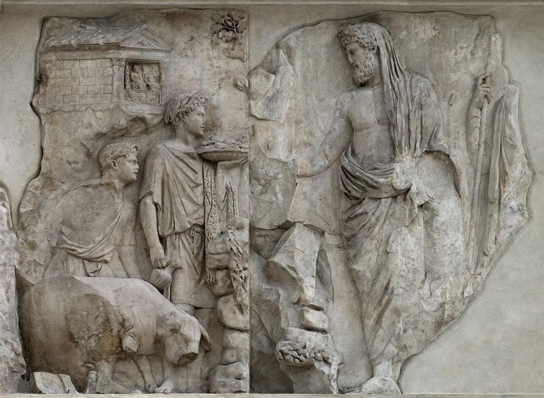 Ara Pacis Western Front. Panel of Aeneas sacrificing to the Penates