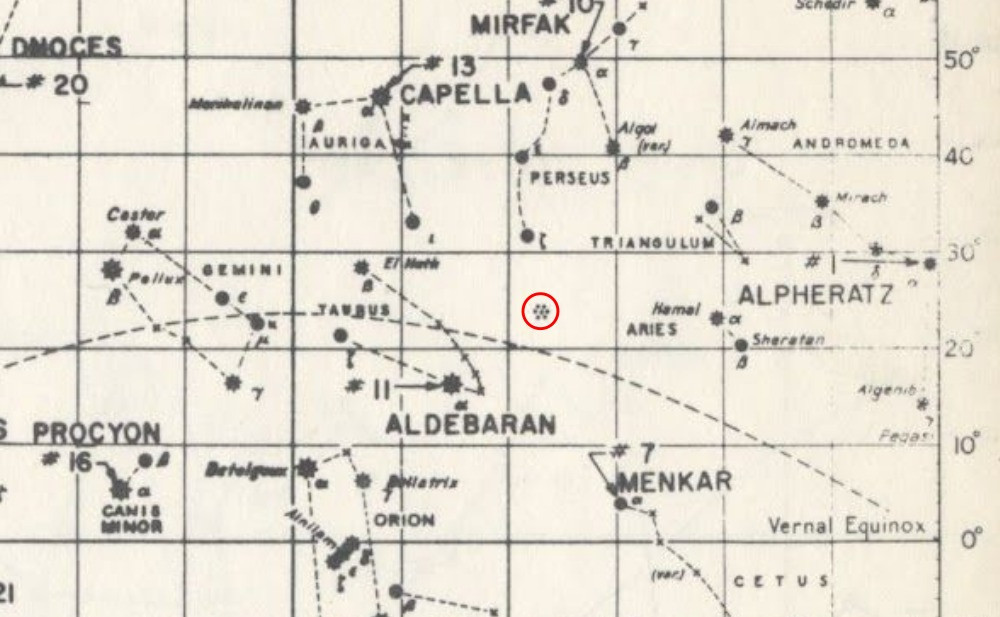 Detail of star chart flown on Apollo 11. The Pleiades depicted as 7 dots.