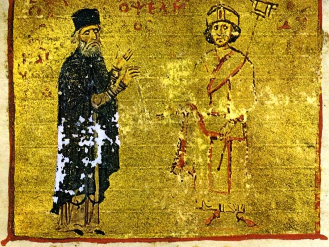 A Byzantine miniature of Michael Psellos, a great intellectual who lived in the 11th century and a p