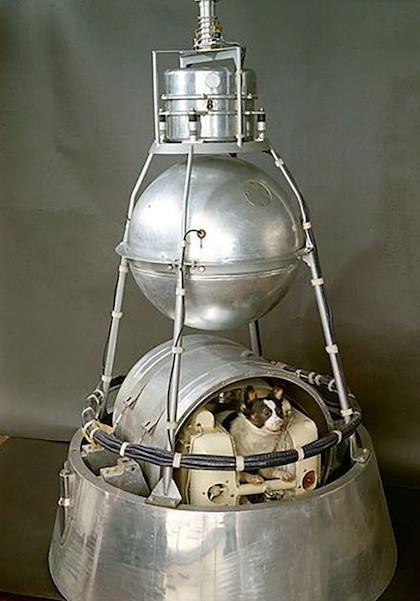 The Sputnik 2 was the second artificial satellite: note the narrow capsule in which poor Laika was s