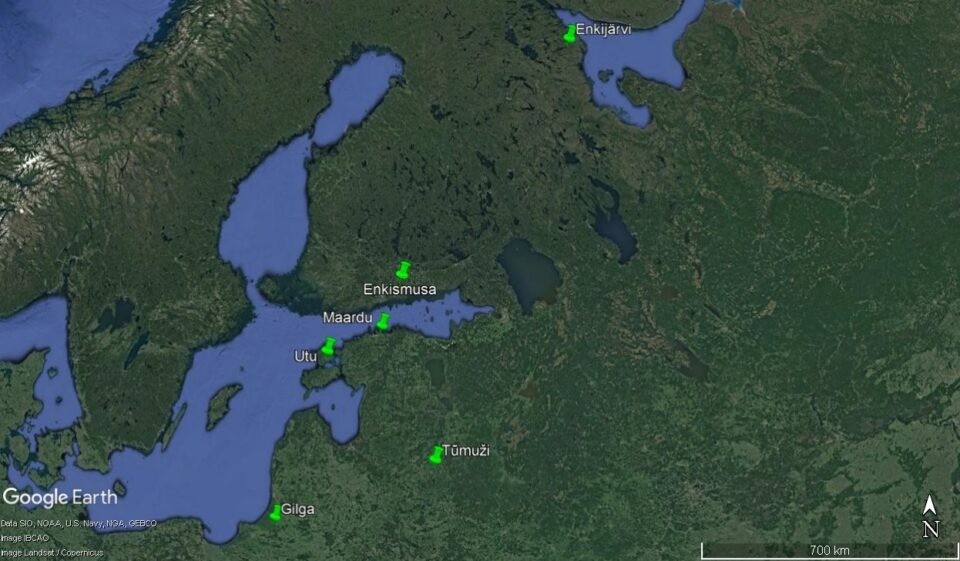 Toponyms attributable to Sumerian deities, distributed in various Baltic countries.