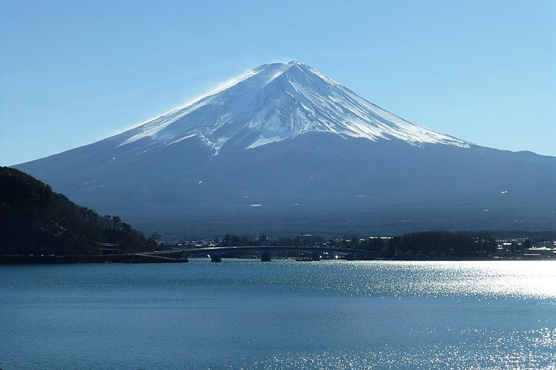 Mount Fujiyama, a sacred volcano in Japan, whose name derives directly from the Ainu language.