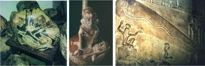 An Ica Stone representing a surgical operation, alongside a curious Moche sculpture and a strange ba