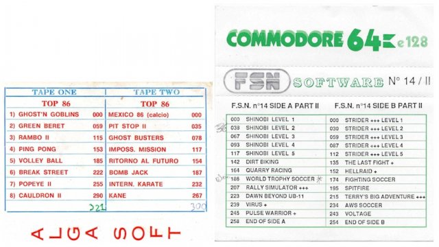 Left: Alga Soft and right: FSN cassette tapes cover. Each cassette contains several pirated games.