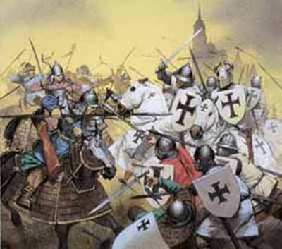 Teutonic Knights, allies of Frederick II, attack Mongol vanguards in the 13th century. The danger to