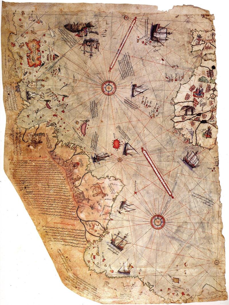 Piri Reis's 1513 chamois map, now in the Topkapi Palace Museum in Istanbul. It clearly shows the Sou