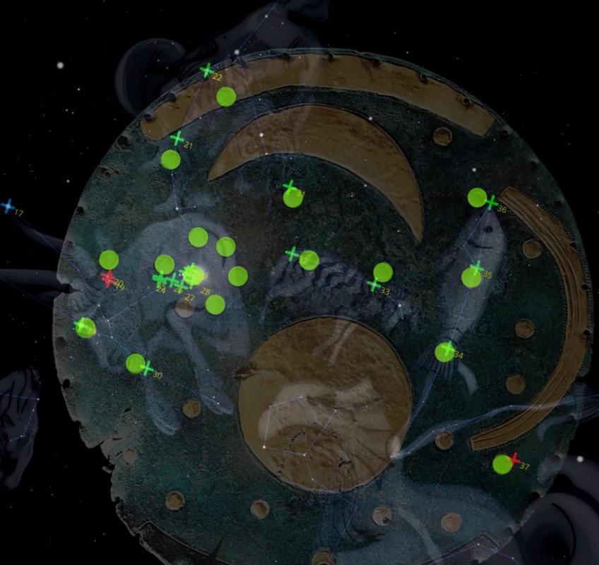 Constellations overlaid on disc. Crosses show accurate modern star positions (Pleiades modern size e