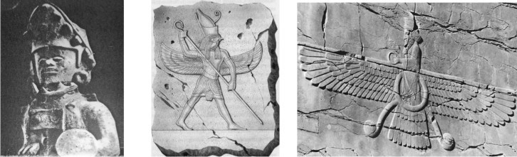 The same deities in the three different cultures: Sumerian, Egyptian and Olmec representing the bird