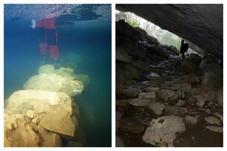 Close-up view of the submerged stone bridge (left) from Genovesa Cave in Mallorca, Spain. Stone path