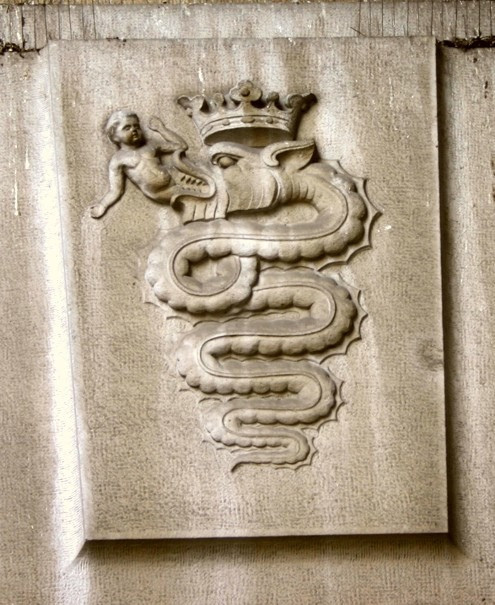 Snake devouring a newborn: the famous Biscione, symbol of the Visconti family of Milan