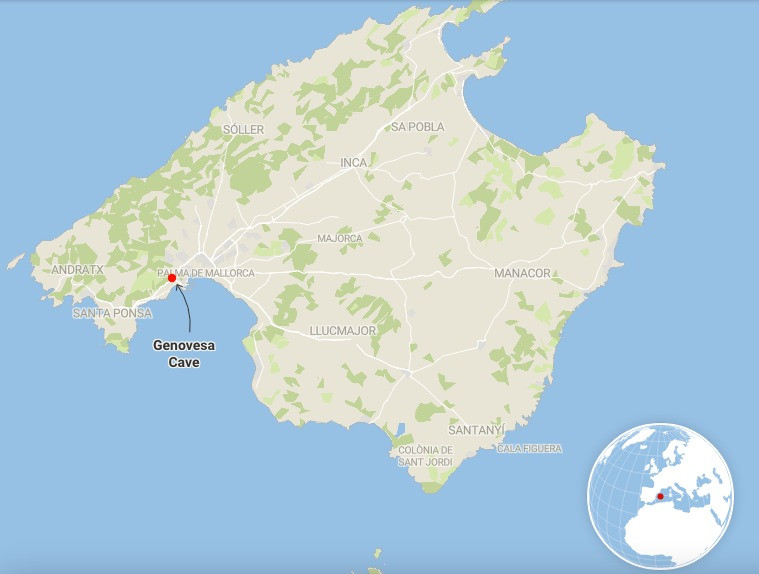 Map showing the location of the Genovesa Cave, on the island of Mallorca.