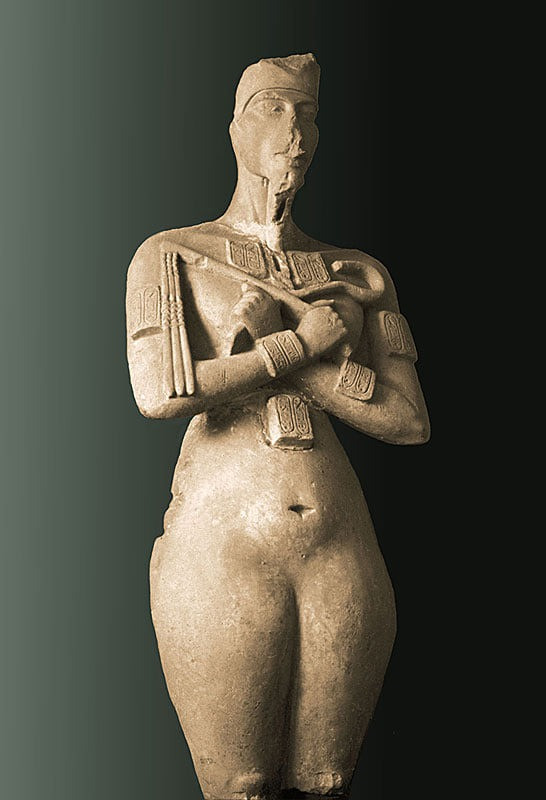 The statues depicting Akhenaten in full figure are absolutely disconcerting, because they show the p